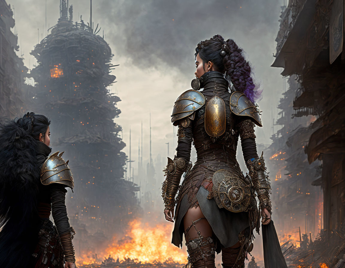 Warrior woman in elaborate armor observes fiery explosion in dystopian cityscape.