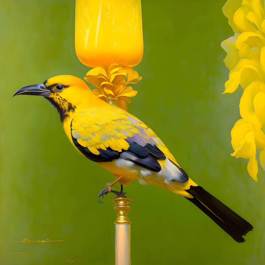 Vibrant yellow bird on metal stand with glassy object and flowers