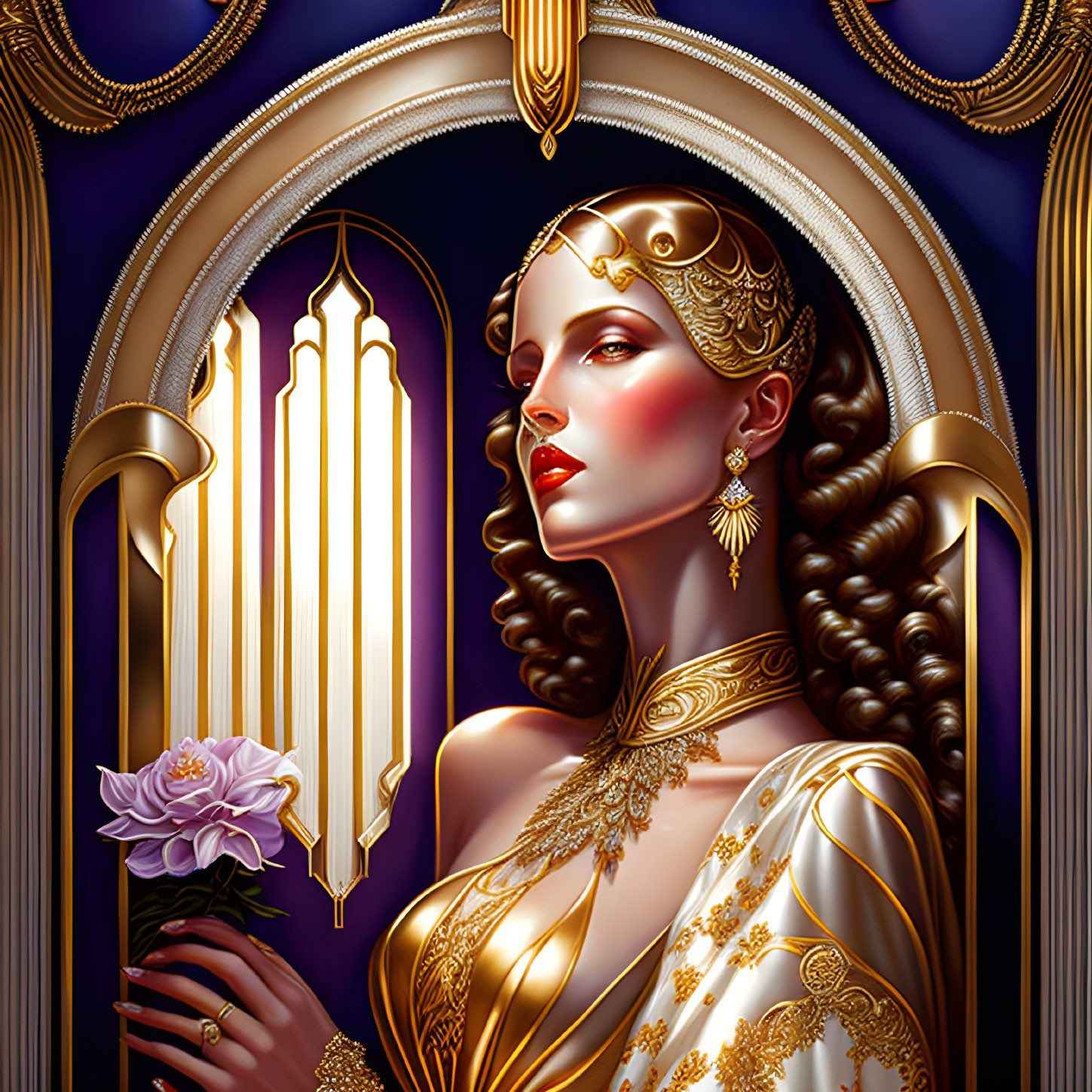Elegant woman in white gown with gold jewelry and flower under archway