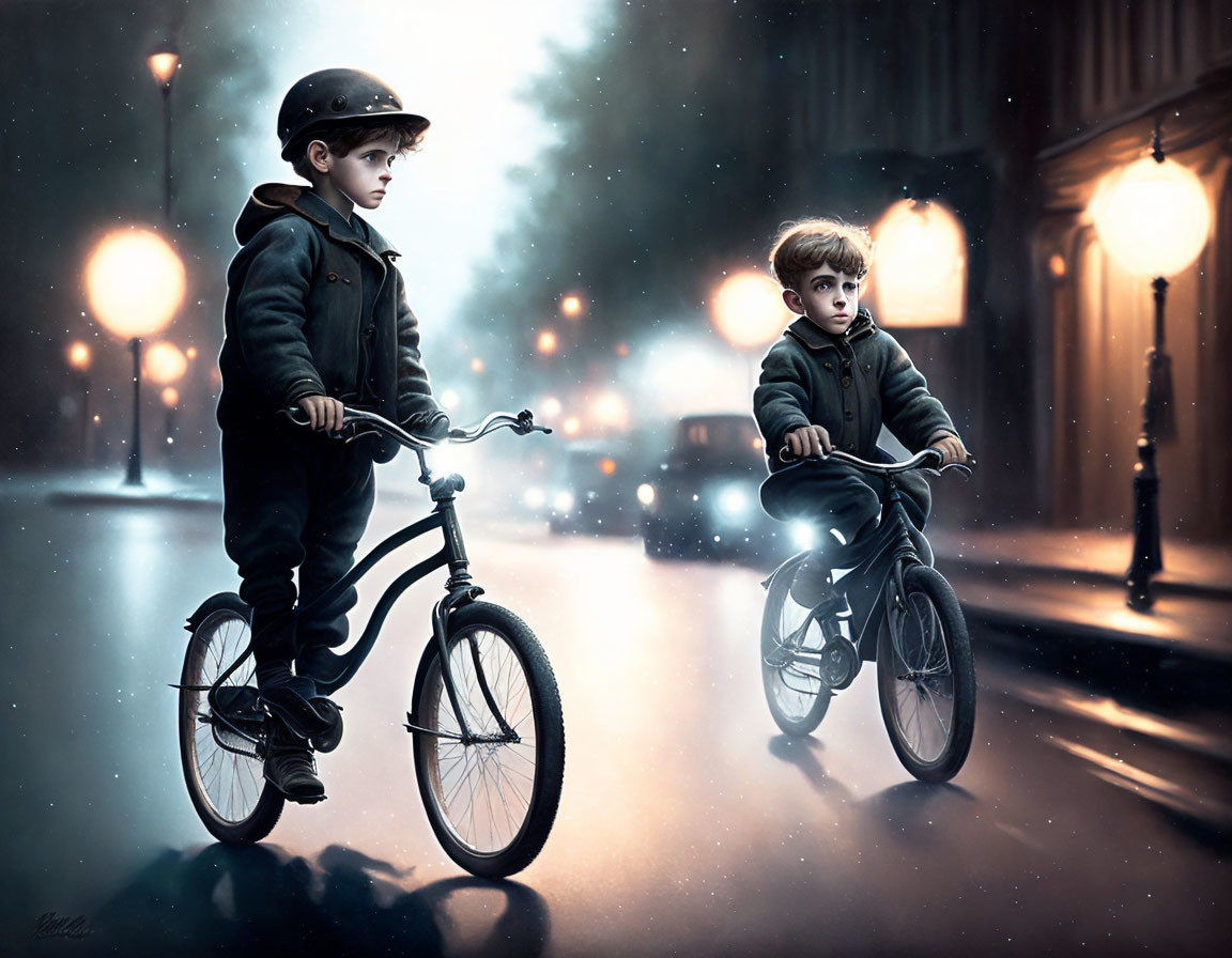 Two boys on bikes under glowing street lamps at night
