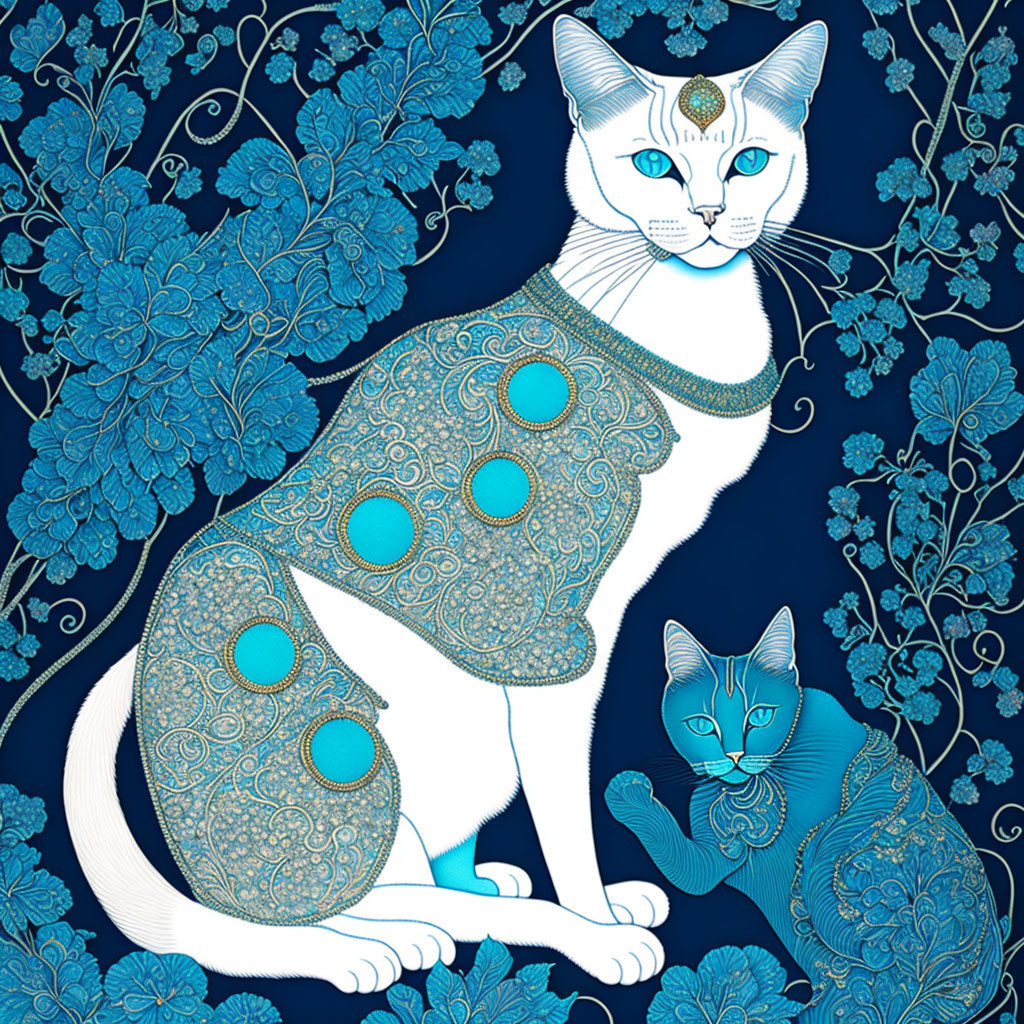 Stylized blue patterned cats on dark floral background