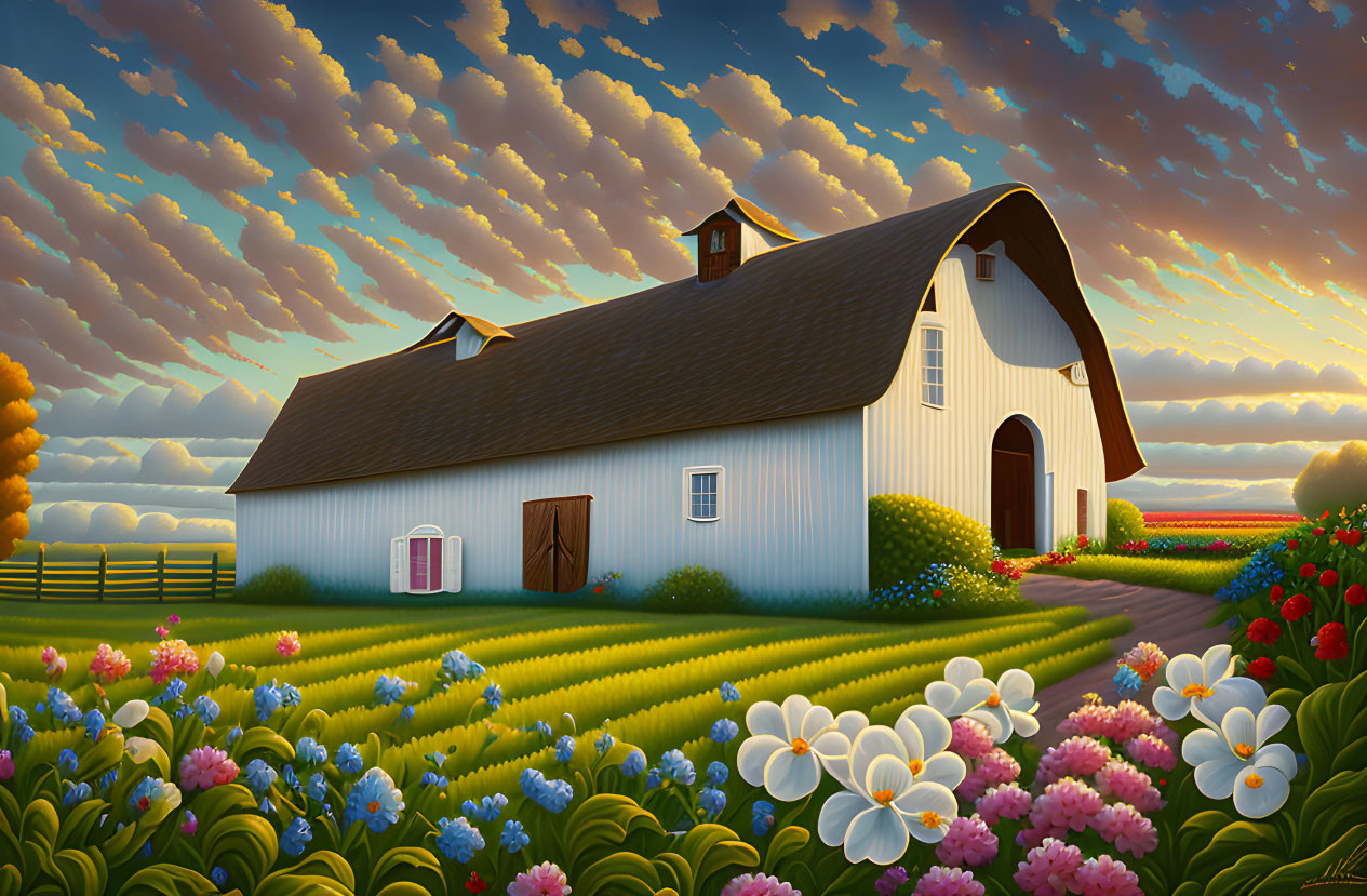 Rural farm landscape with barn, blooming flowers, and dawn sky