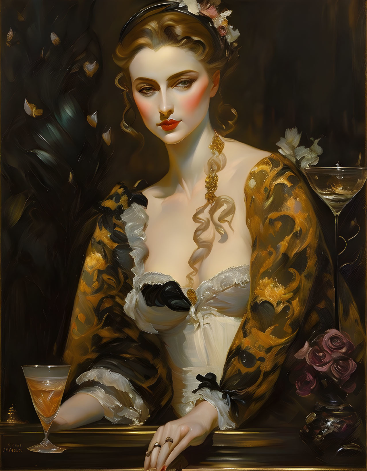 Curled Hairstyle Woman in White and Black Gown with Leopard Print Shawl Sitting at Table