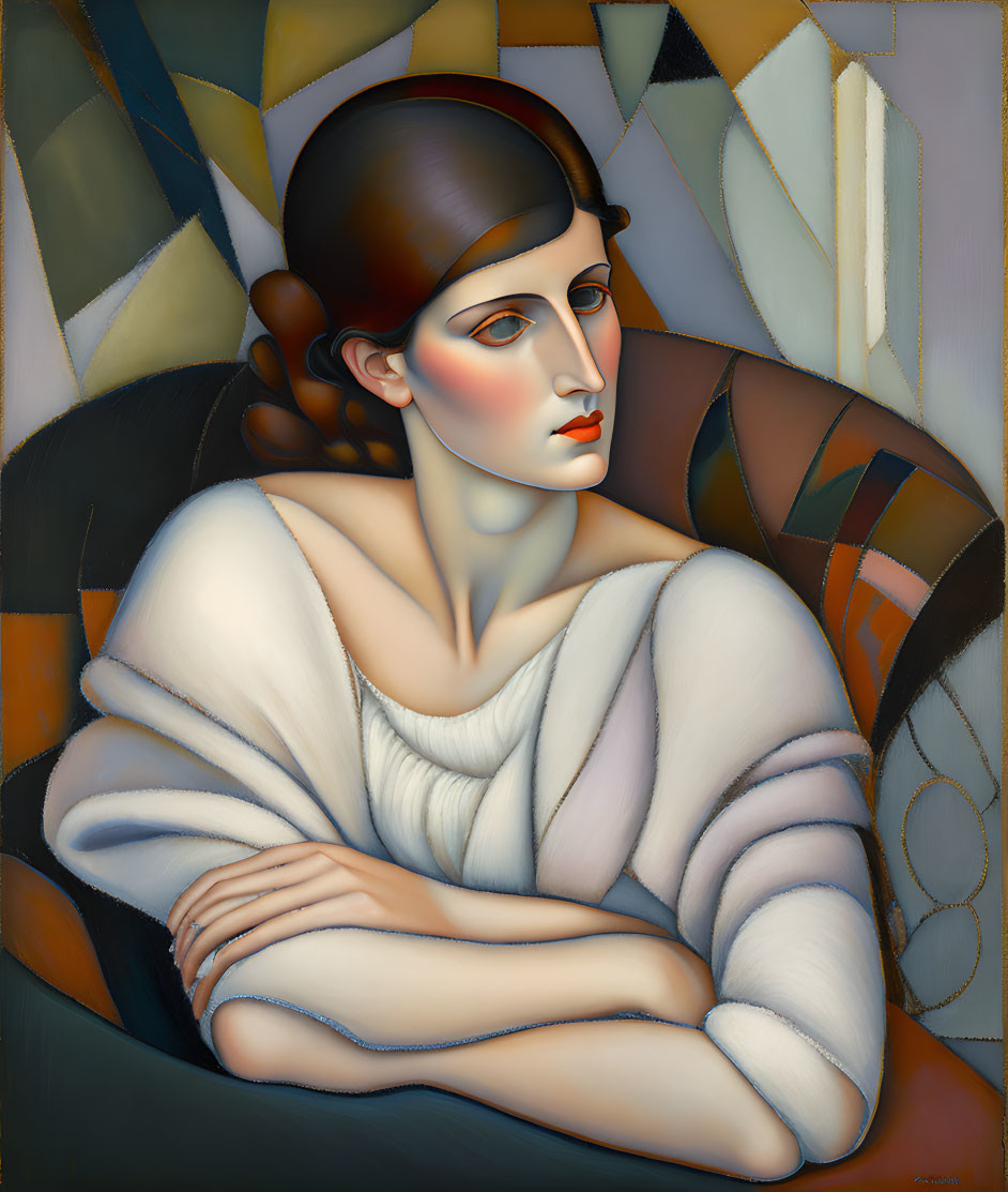 Contemplative woman seated with crossed arms in white top, against geometric background
