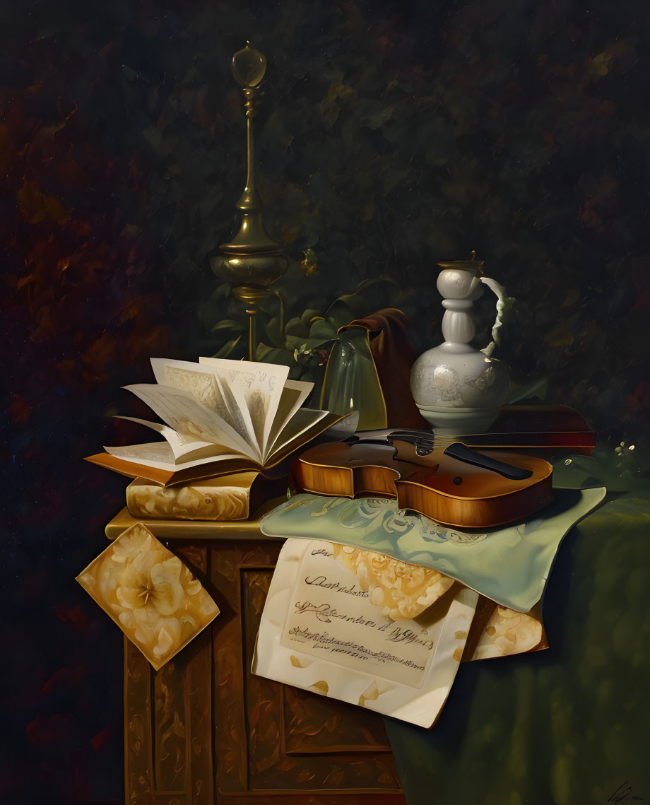Classic Still Life Painting with Book, Quill, Papers, and Candlestick