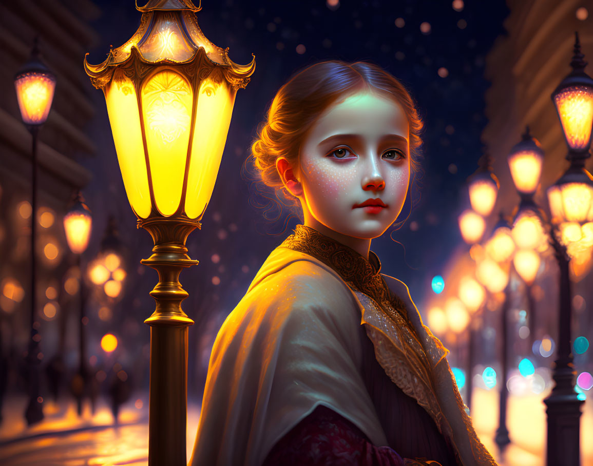 Young girl with blue eyes by glowing street lamp in illuminated city street at dusk