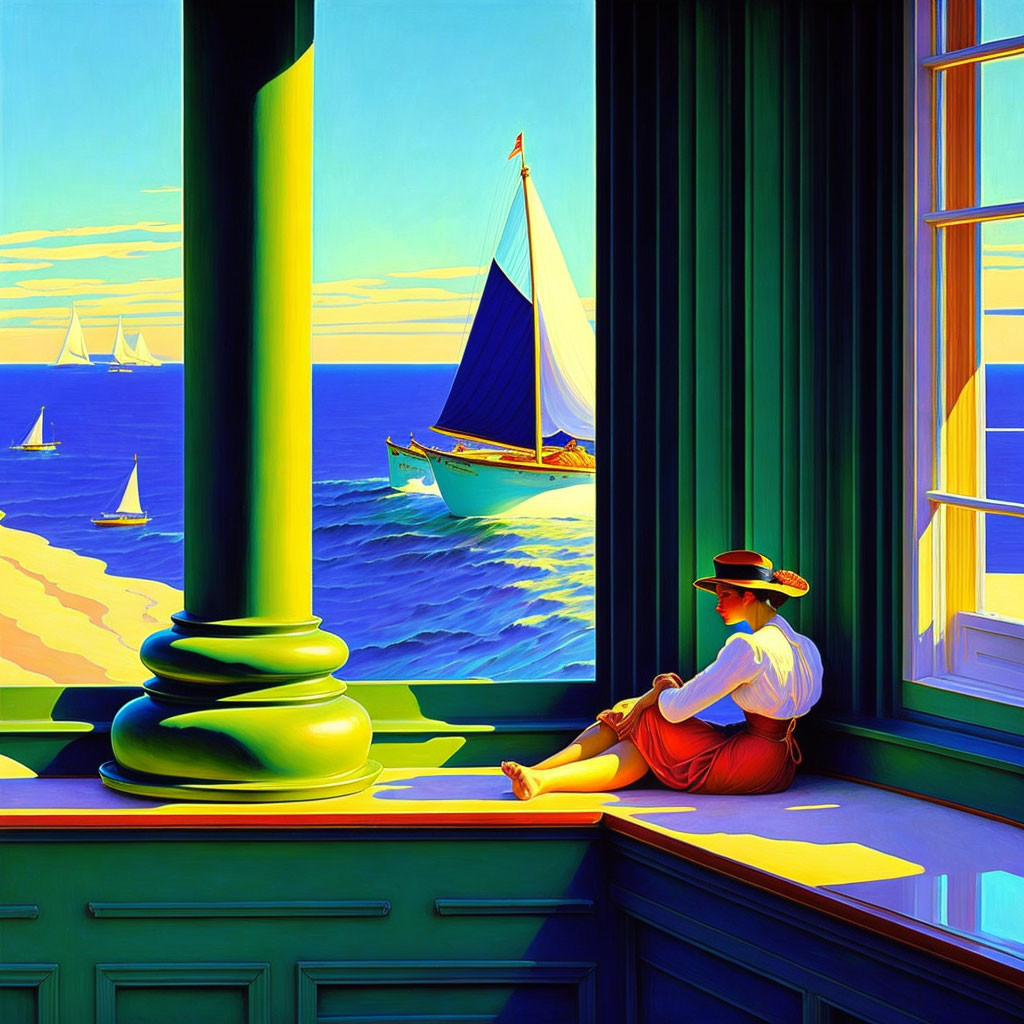 Person in red top and white pants gazes at sailboats on bright blue sea from window ledge.