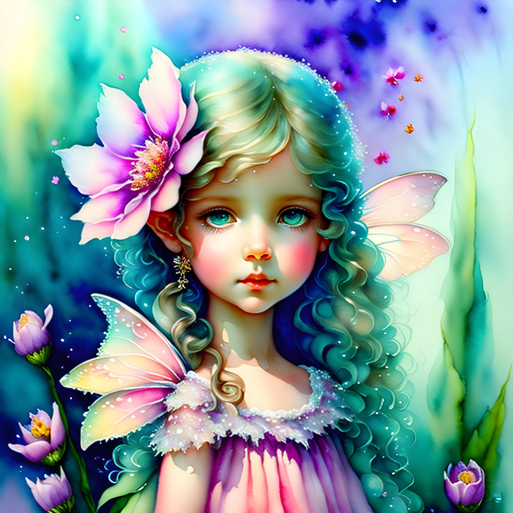 Vibrant illustration: Young girl with butterfly wings and flower in hair surrounded by flowers.