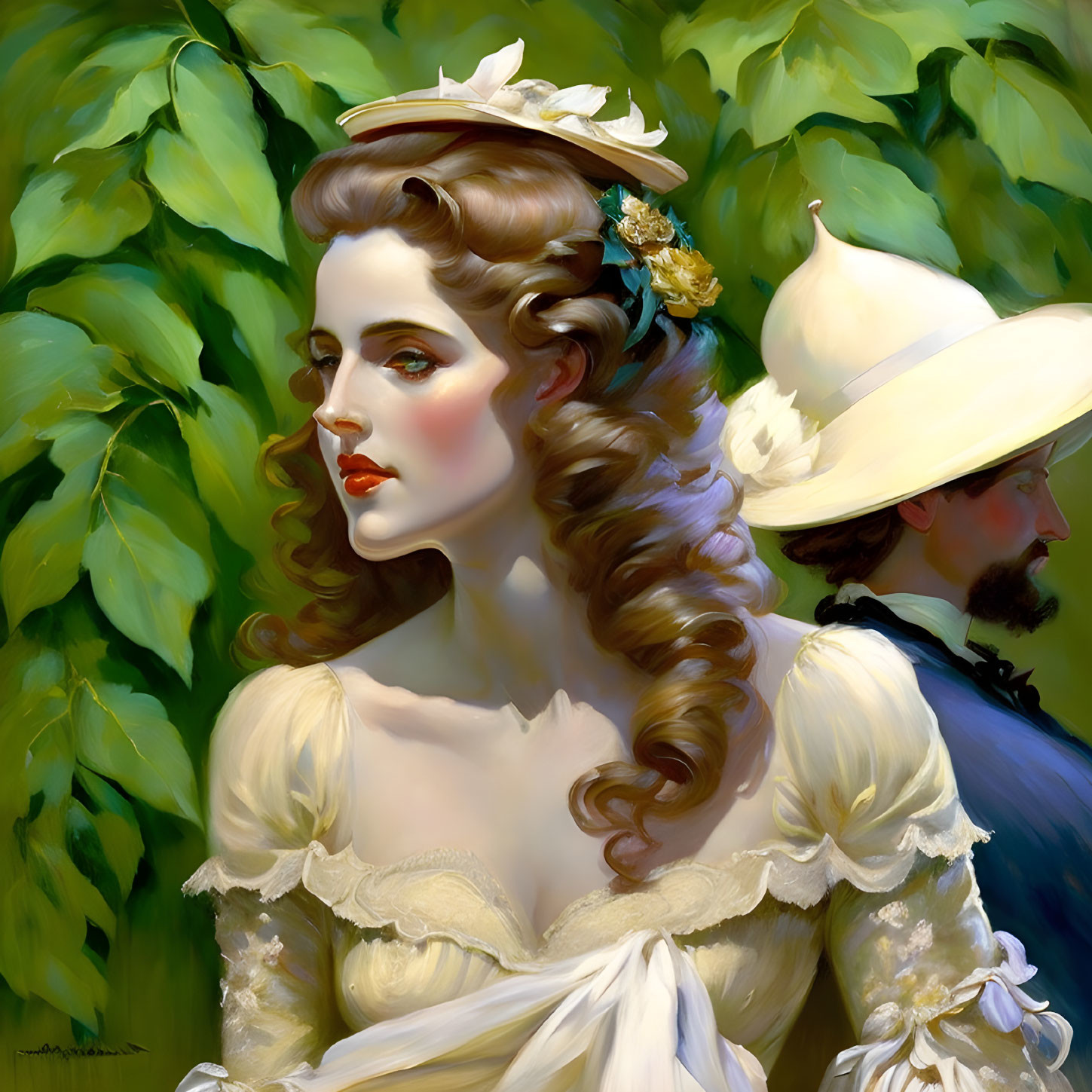 Portrait of a Woman with Brown Wavy Hair and Flower Hat, Man in White Hat in Green F