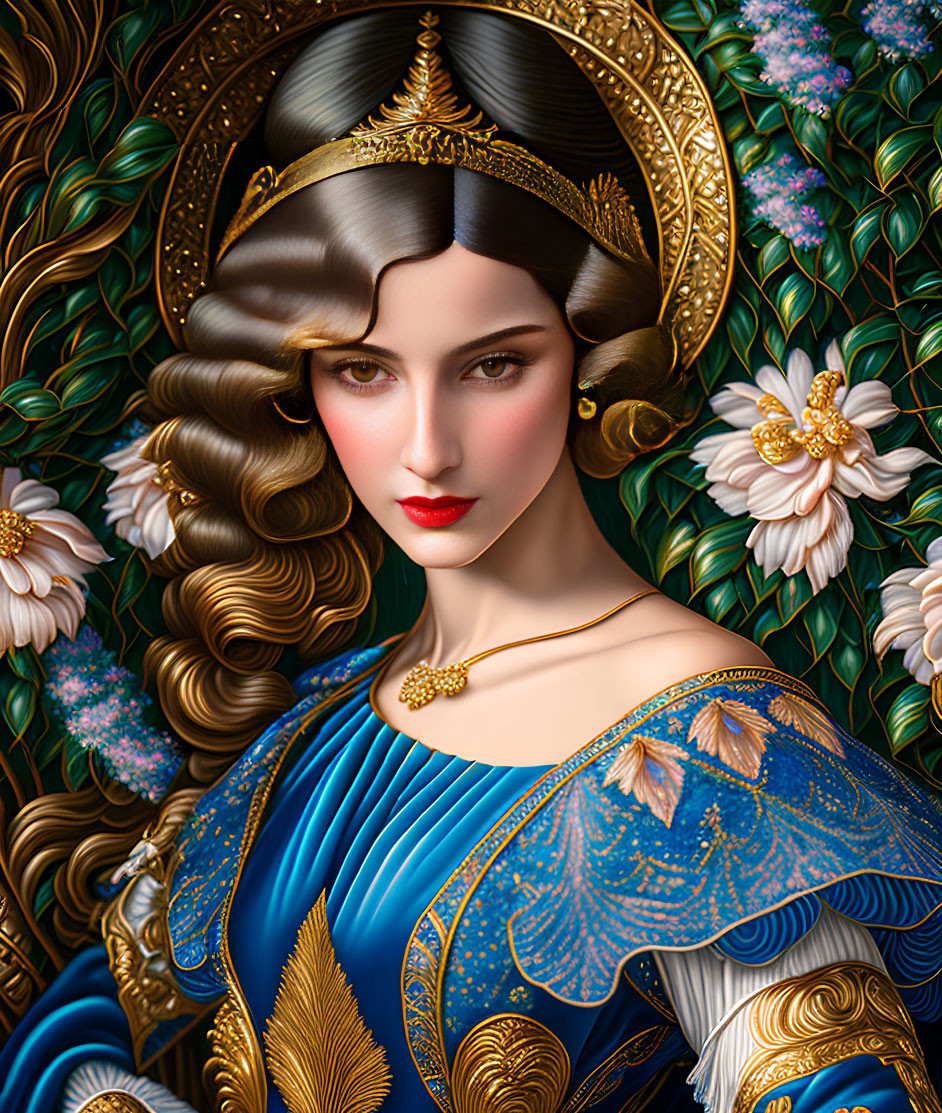 Elaborate gold-trimmed blue attire in illustrated portrait