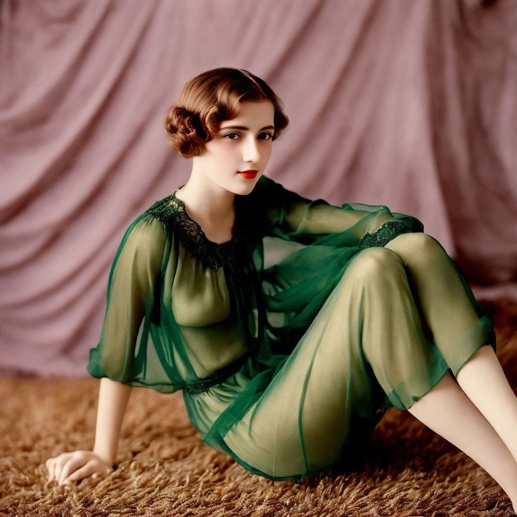 Colorized vintage photograph: Woman in elegant pose with short curly hair and green dress