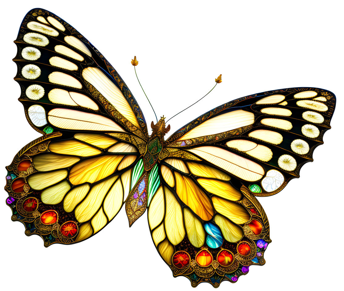 Colorful Stained Glass Butterfly with Yellow, Black, and Red Patterns