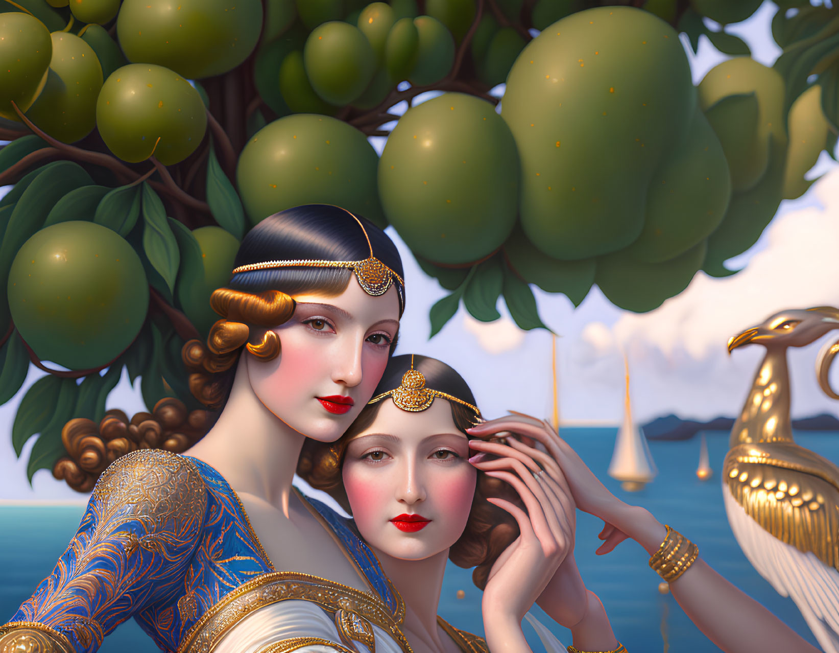 Stylized women with golden jewelry under a fruit tree by serene sea