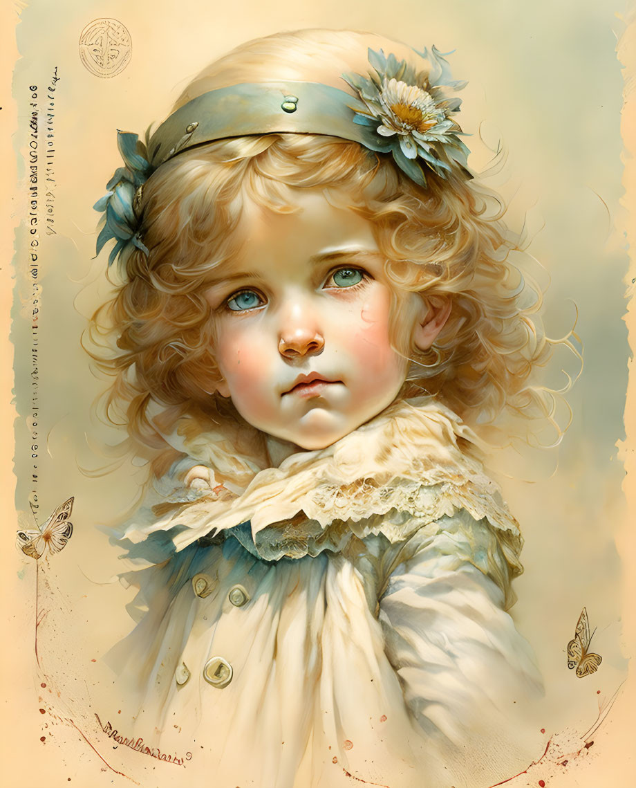 Stylized illustration of young child with blue eyes and curly hair in vintage outfit
