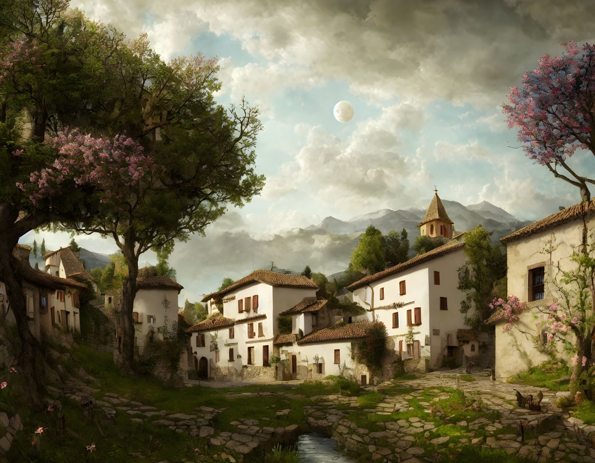 Tranquil village scene with white houses, church, lush greenery, and moonlit sky