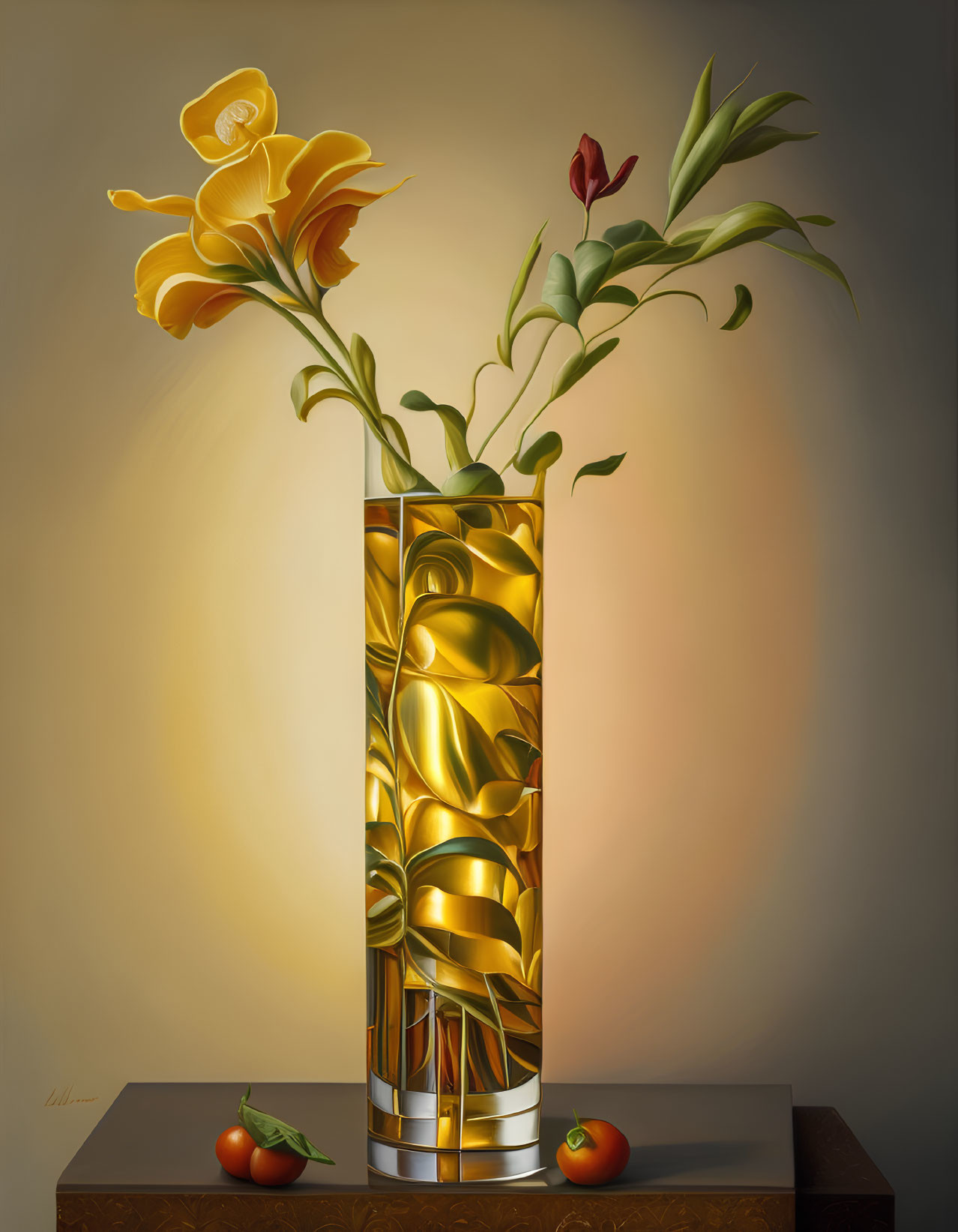 Vase with Yellow Flowers, Chili Peppers, Tomato Still Life Painting