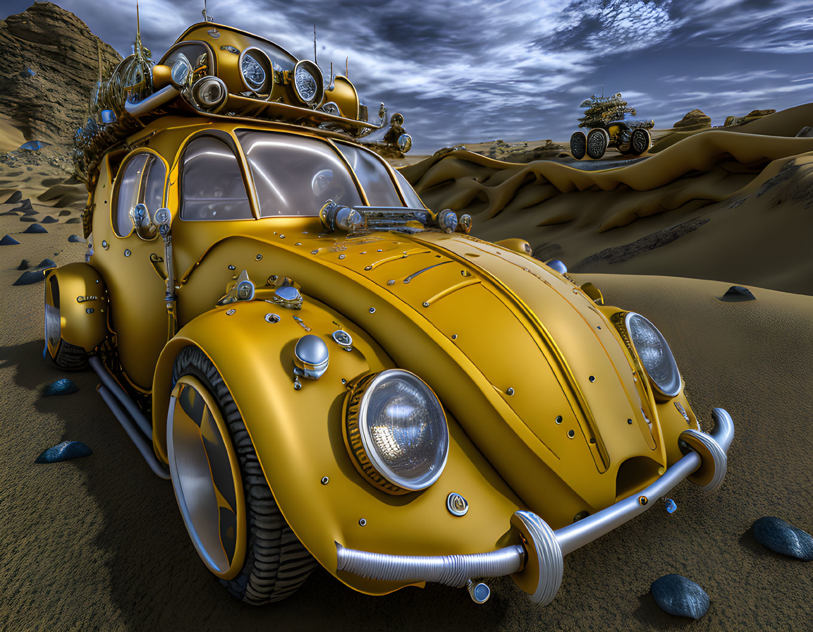 Detailed Yellow Beetle-Shaped Car with Futuristic Mods in Desert Setting
