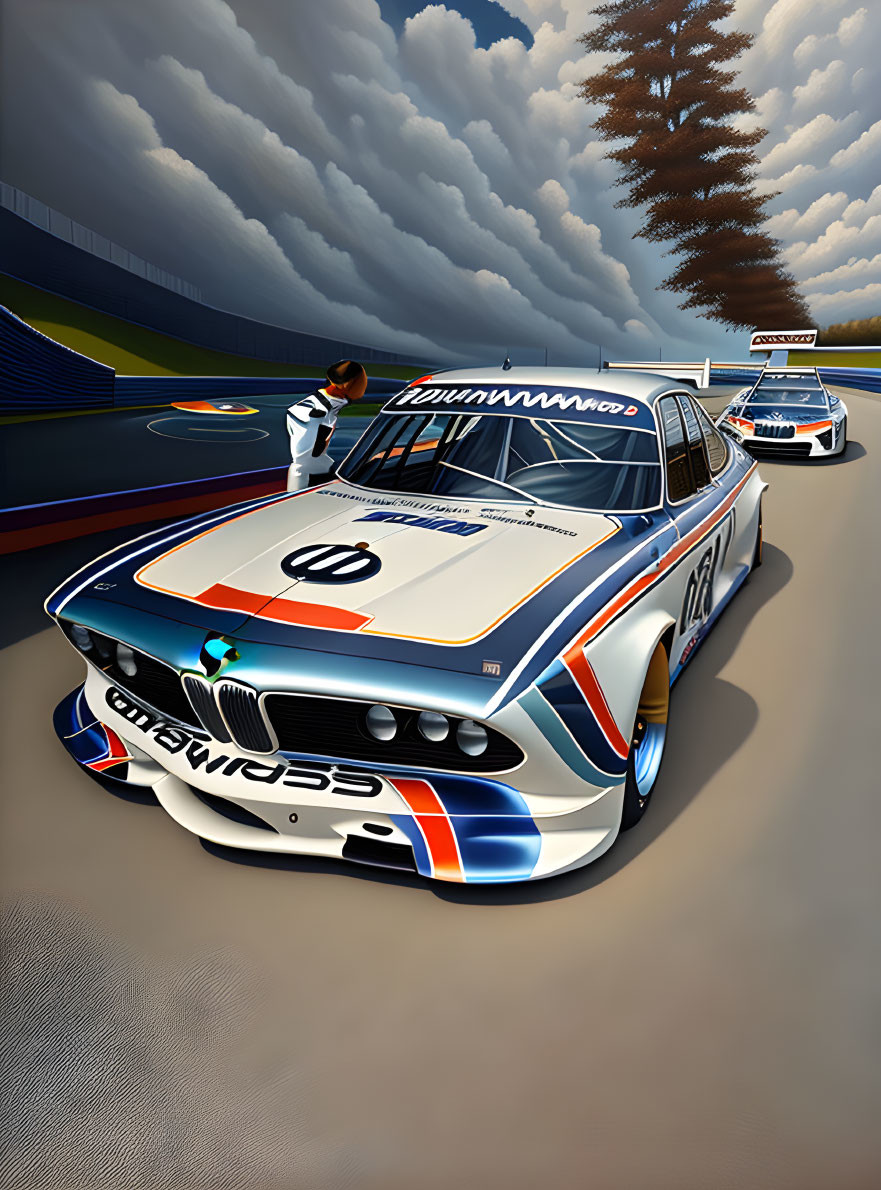 Vintage BMW Racing Car in Blue and White Livery on Racetrack with Dramatic Sky
