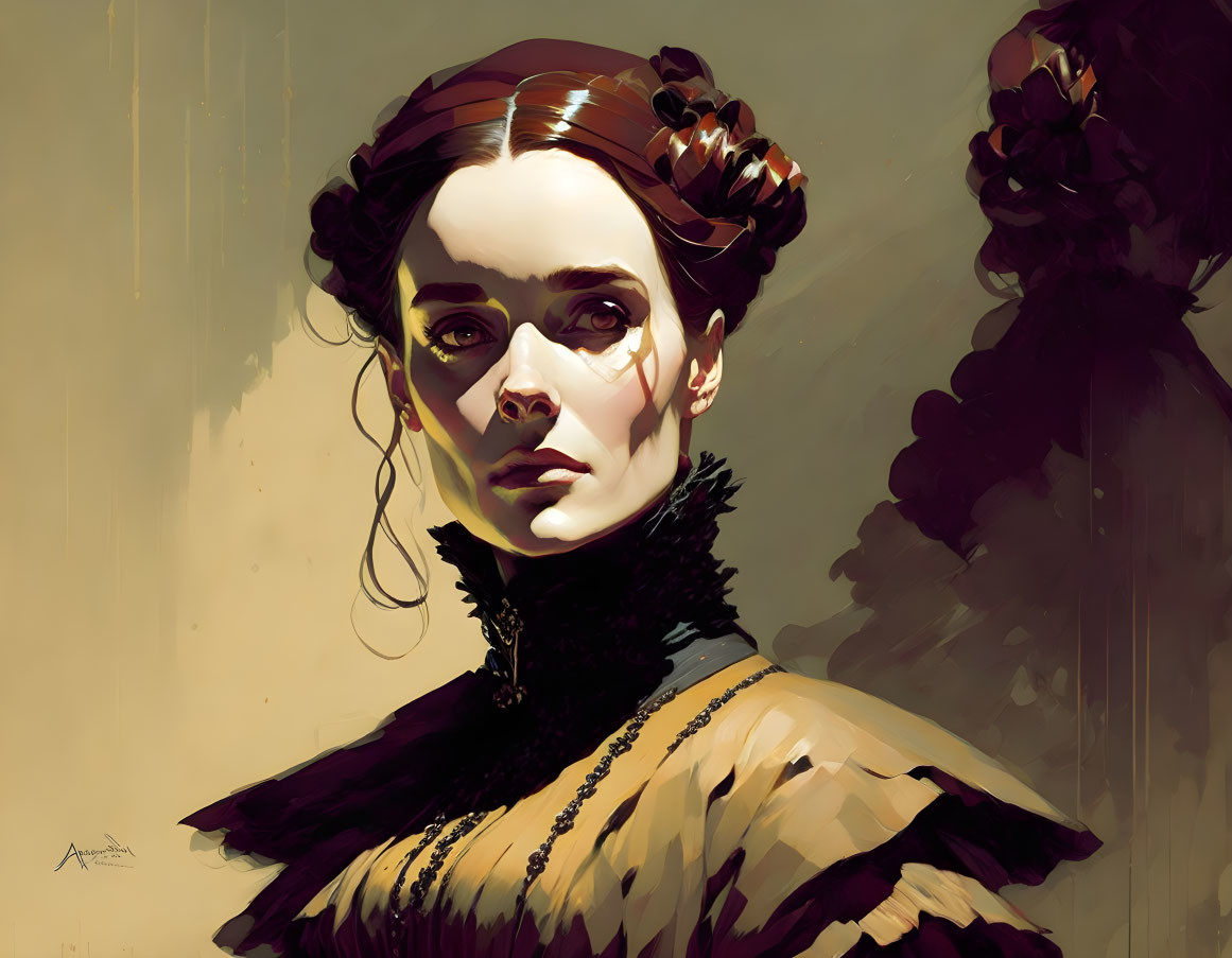 Intricate Hairstyles and Classic Attire in Warm-Toned Digital Painting