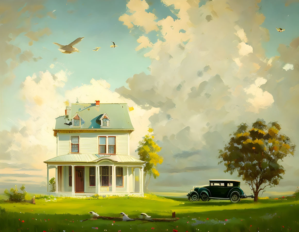 Classic two-story house with porch, vintage car, nature, and birds in sky