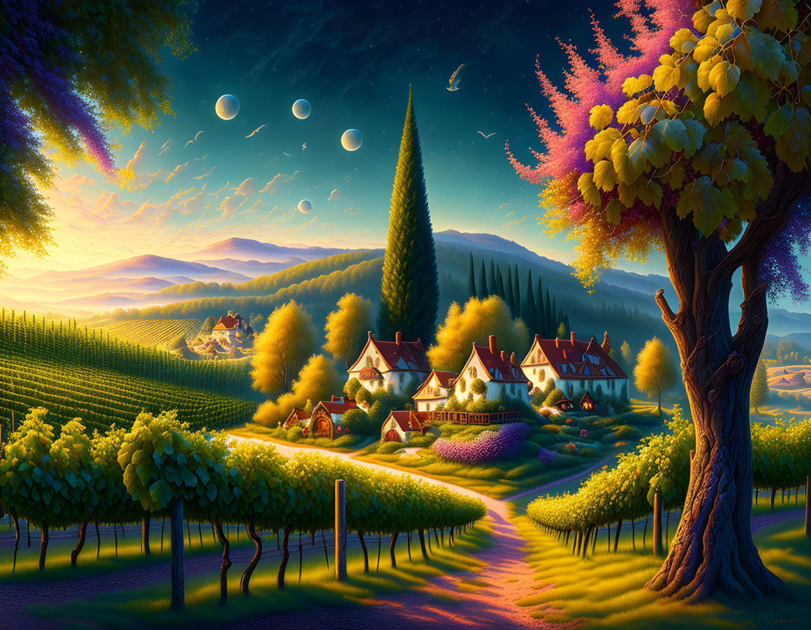 Scenic landscape with rolling hills, vineyards, cottages, yellow tree, and three moons at