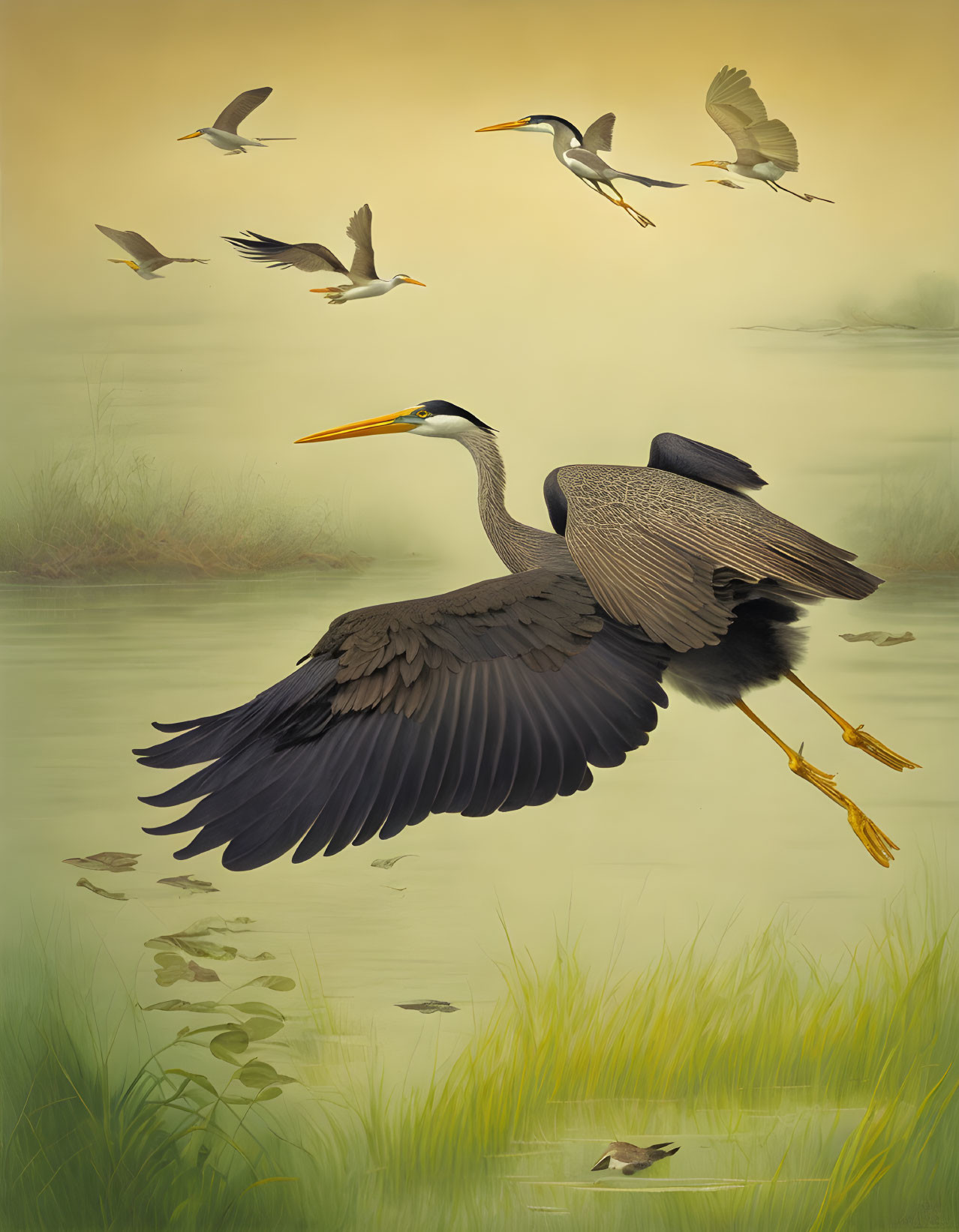 Majestic heron spreading wings in tranquil marsh scenery