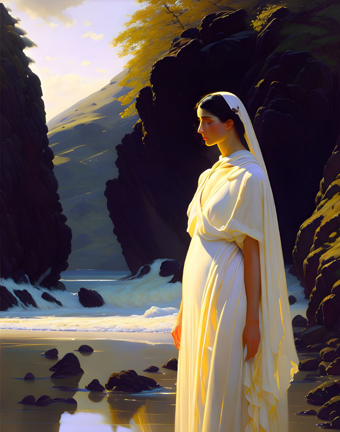 Woman in white robes by beach with cliffs and crashing waves