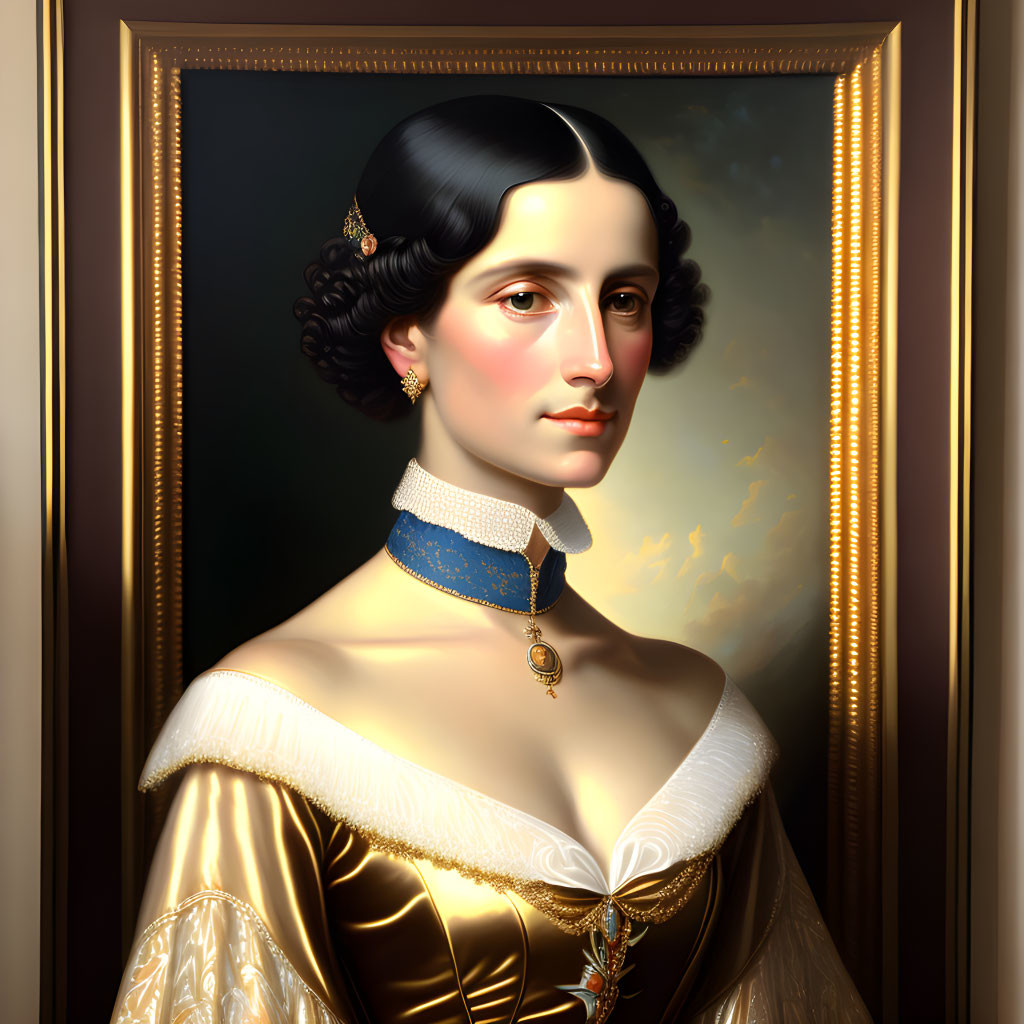 Digital painting of woman in historical dress with blue choker and gold pendant, framed against cloudy sky.