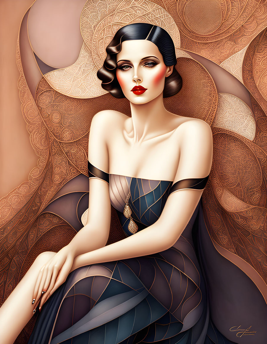 Art Deco Style Illustration of Elegant Woman in Blue Gown