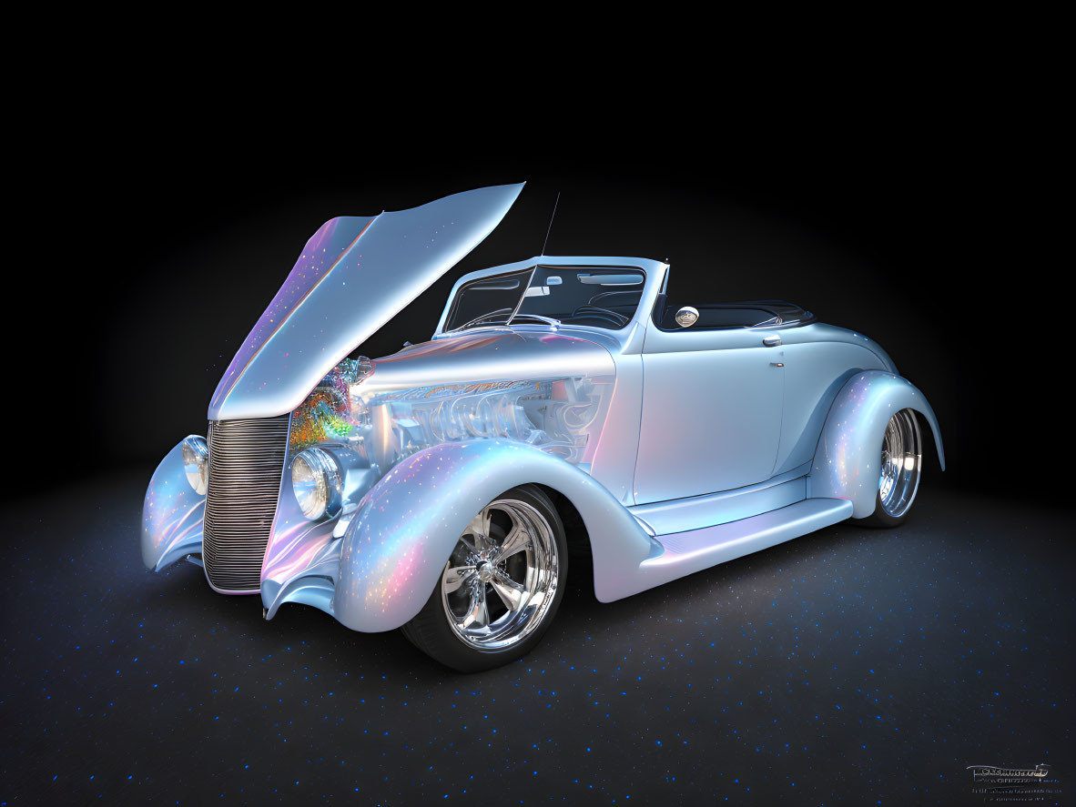 Vintage Custom Car with Chromatic Paint and Open Hood on Dark Background