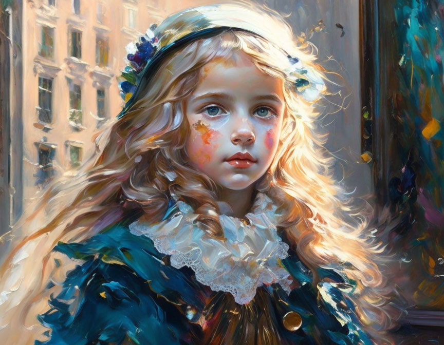 Young girl with blue eyes in vintage blue coat and white bonnet.