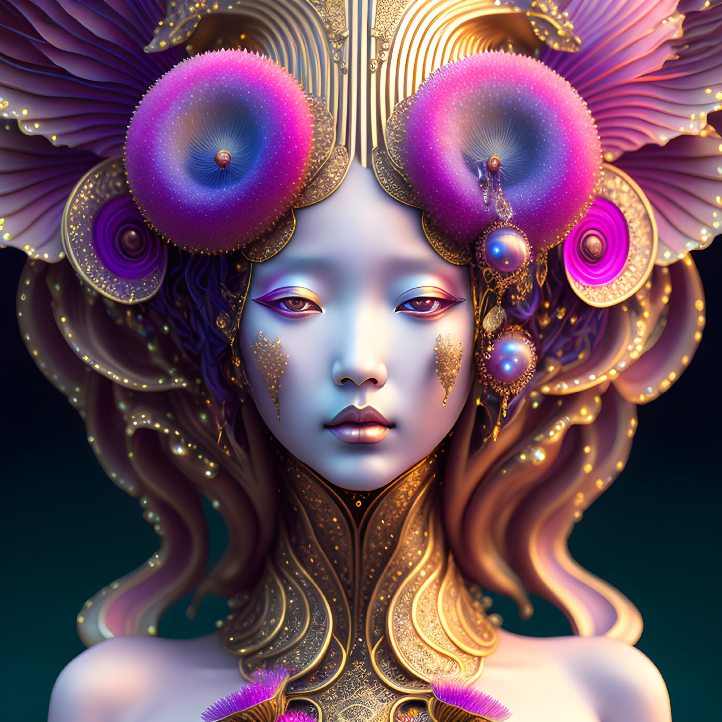 Digital art portrait: Woman with purple skin, gold headdress, violet seashells.