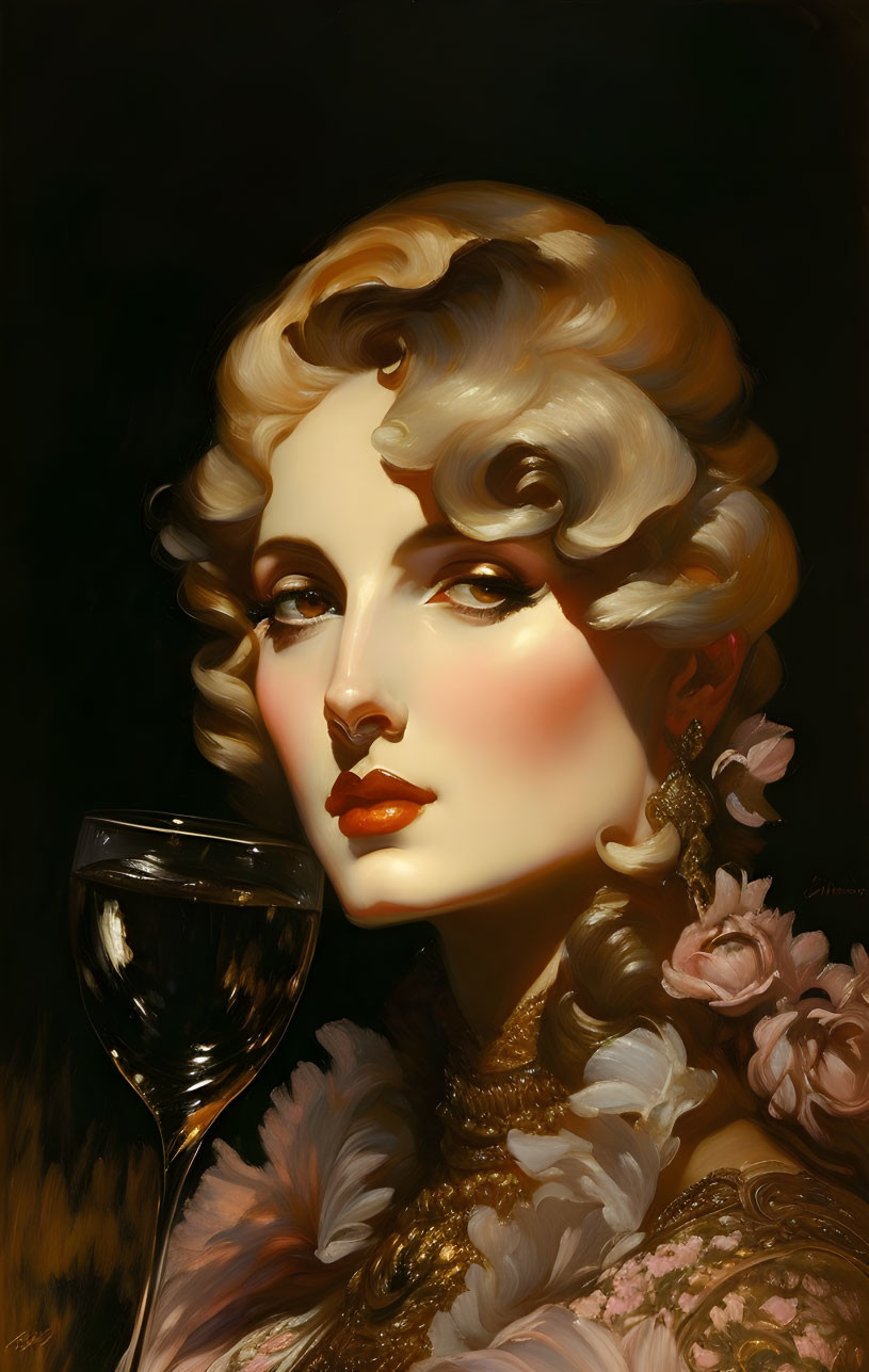 Portrait of Woman with Blonde Wavy Hair Holding Wine Glass