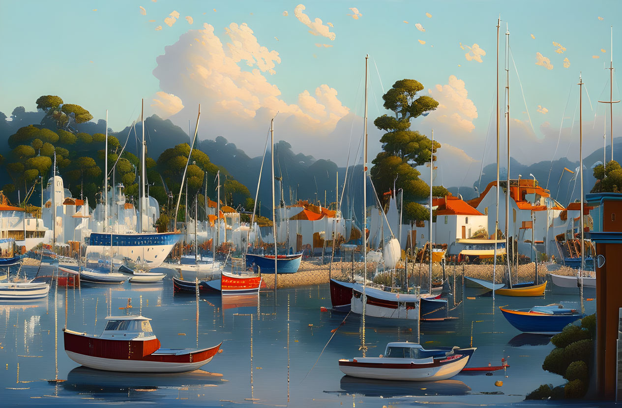 Tranquil harbor scene with colorful boats, reflections, trees, buildings, and cloudy sky