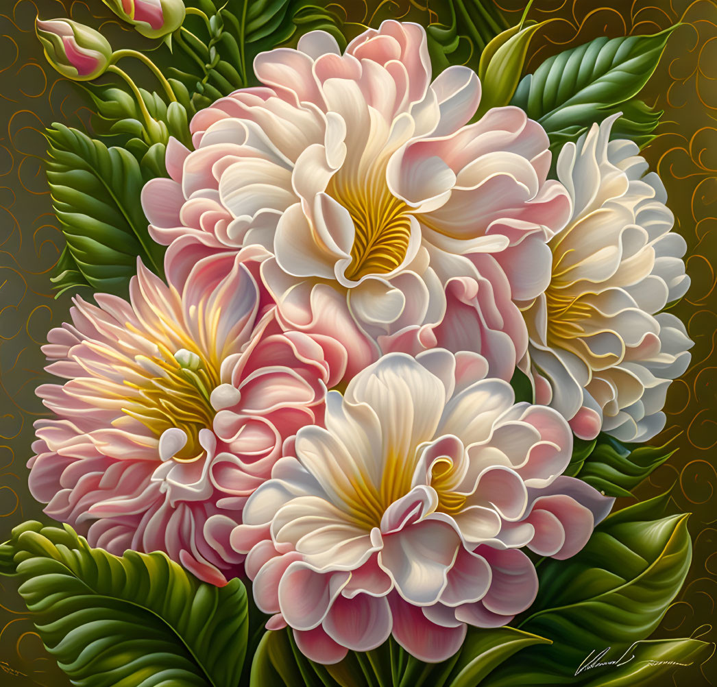 Detailed Pink and White Flowers with Gold Accents on Dark Background