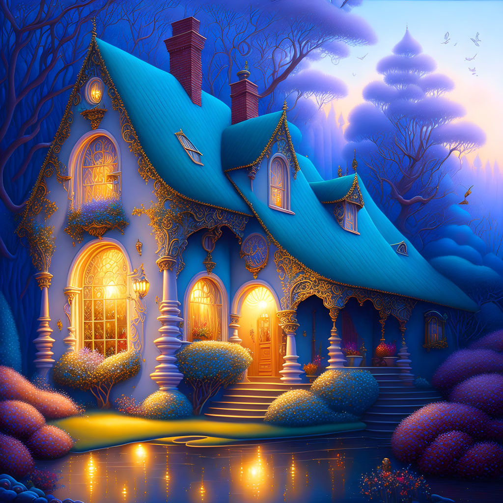 Whimsical blue house with golden details in magical twilight forest