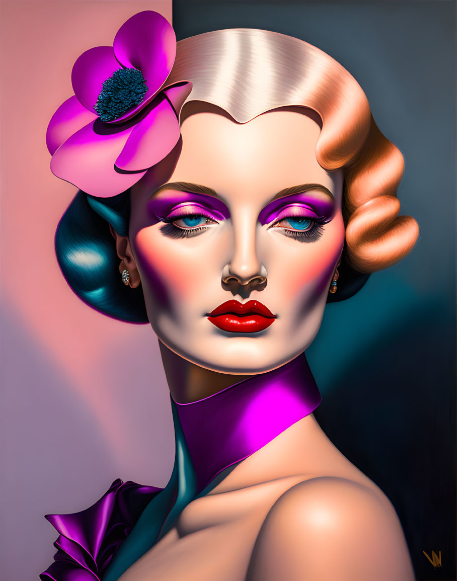 Digital portrait of woman with vintage hairdo and vibrant makeup, featuring large purple flower.