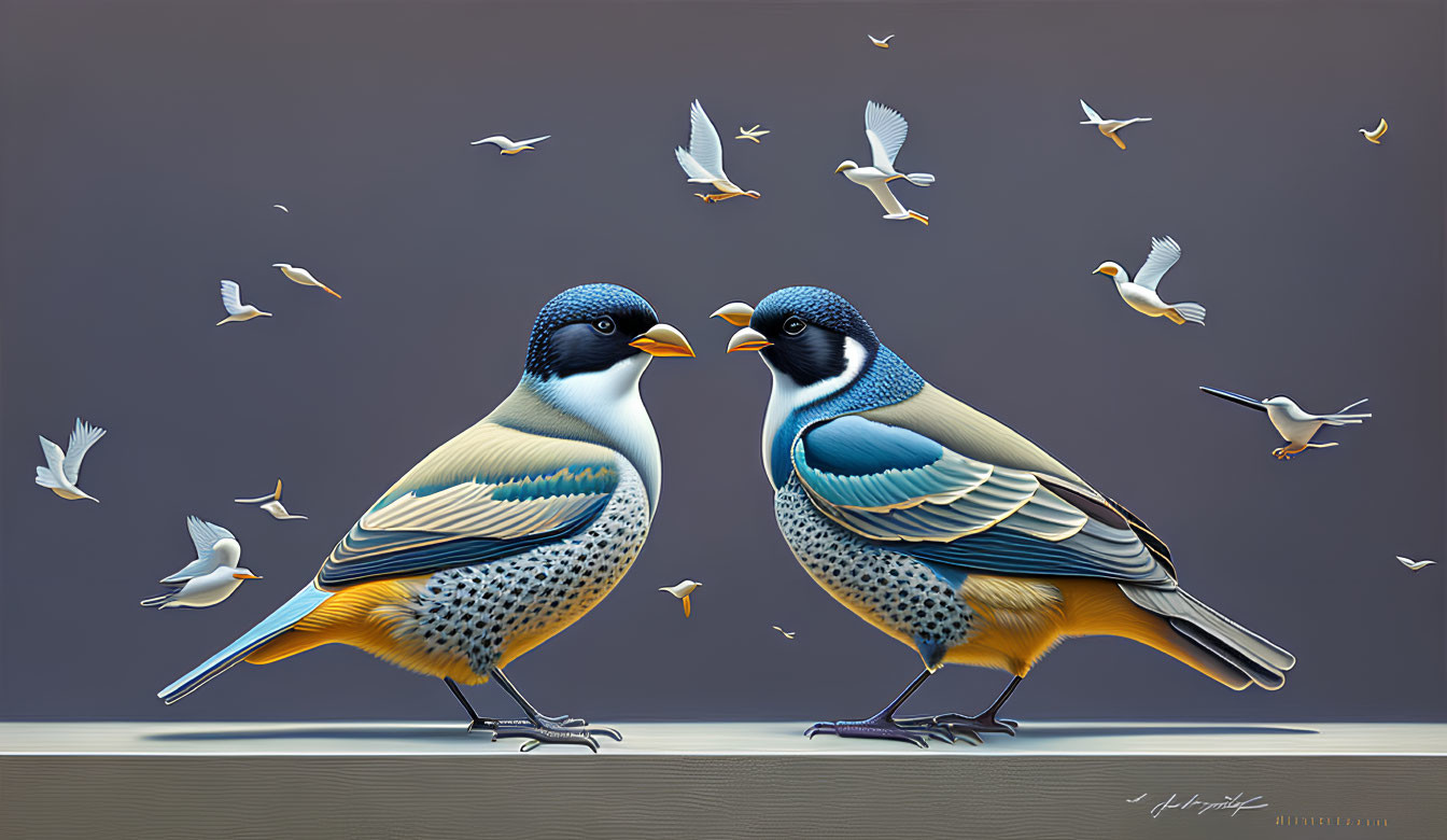 Colorful Stylized Birds Facing Each Other on Muted Background