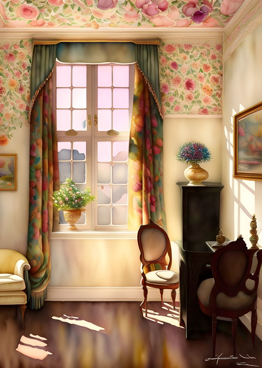 Vintage Room with Floral Wallpaper, Large Window, Elegant Chairs, and Soft Sunlight