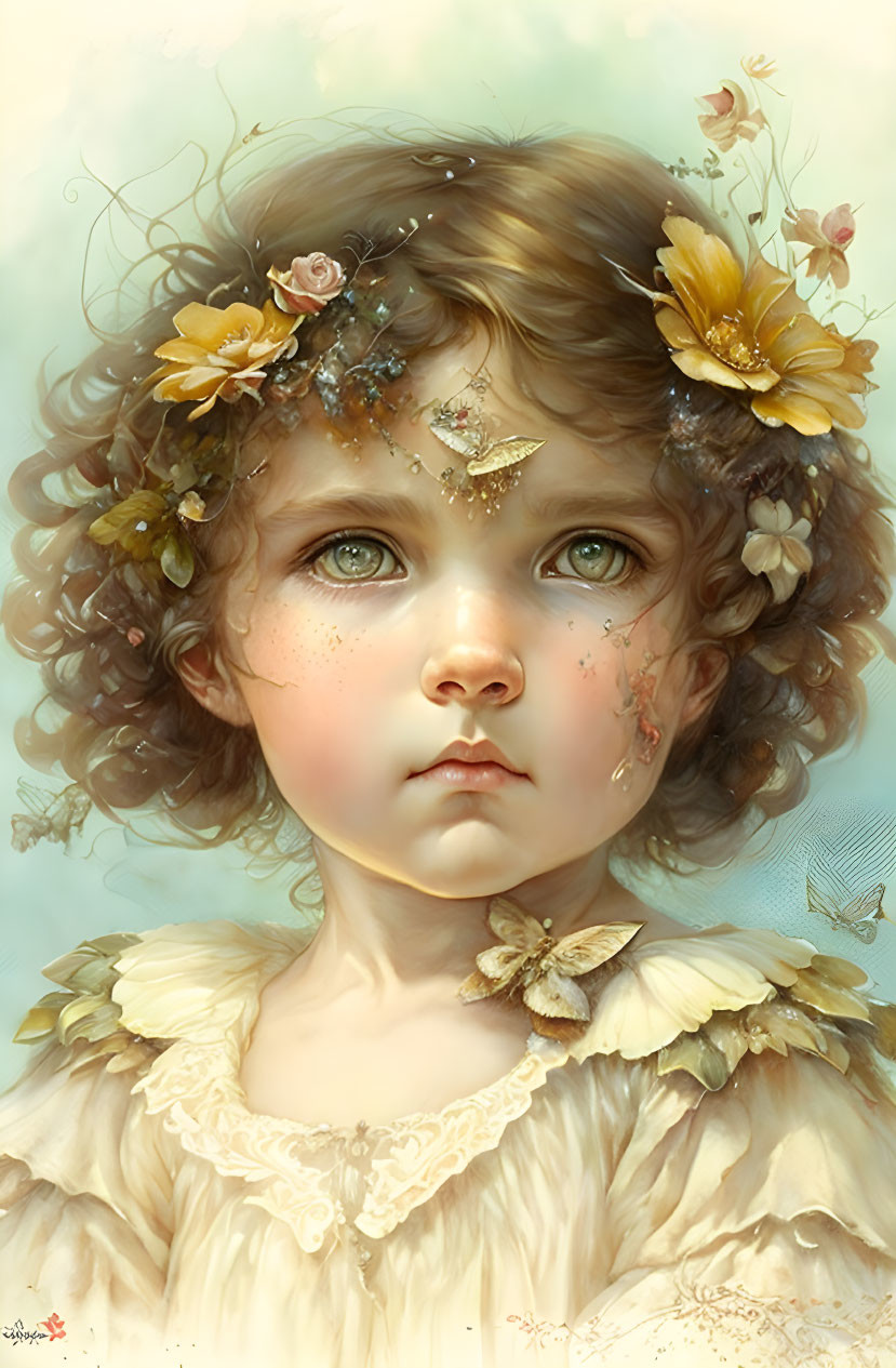 Illustrated portrait of young girl with curly hair, flowers, butterflies, vintage lace collar.