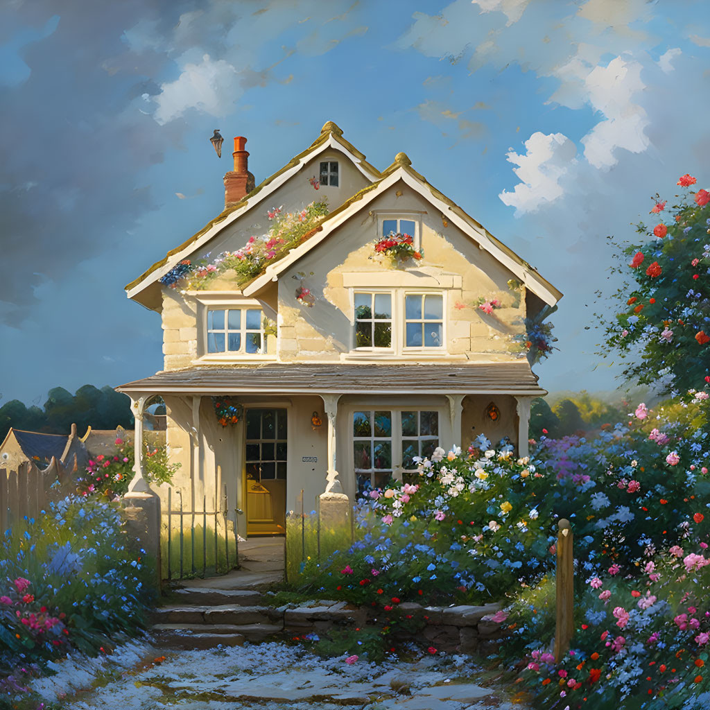 Yellow door cottage with lush gardens under cloudy sky
