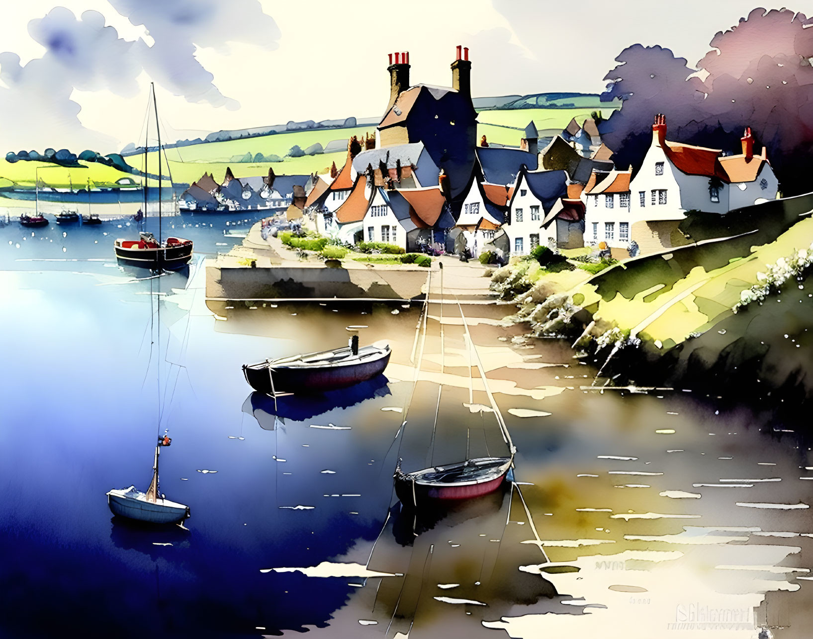 Serene coastal village watercolor painting with traditional houses, boats, and hills
