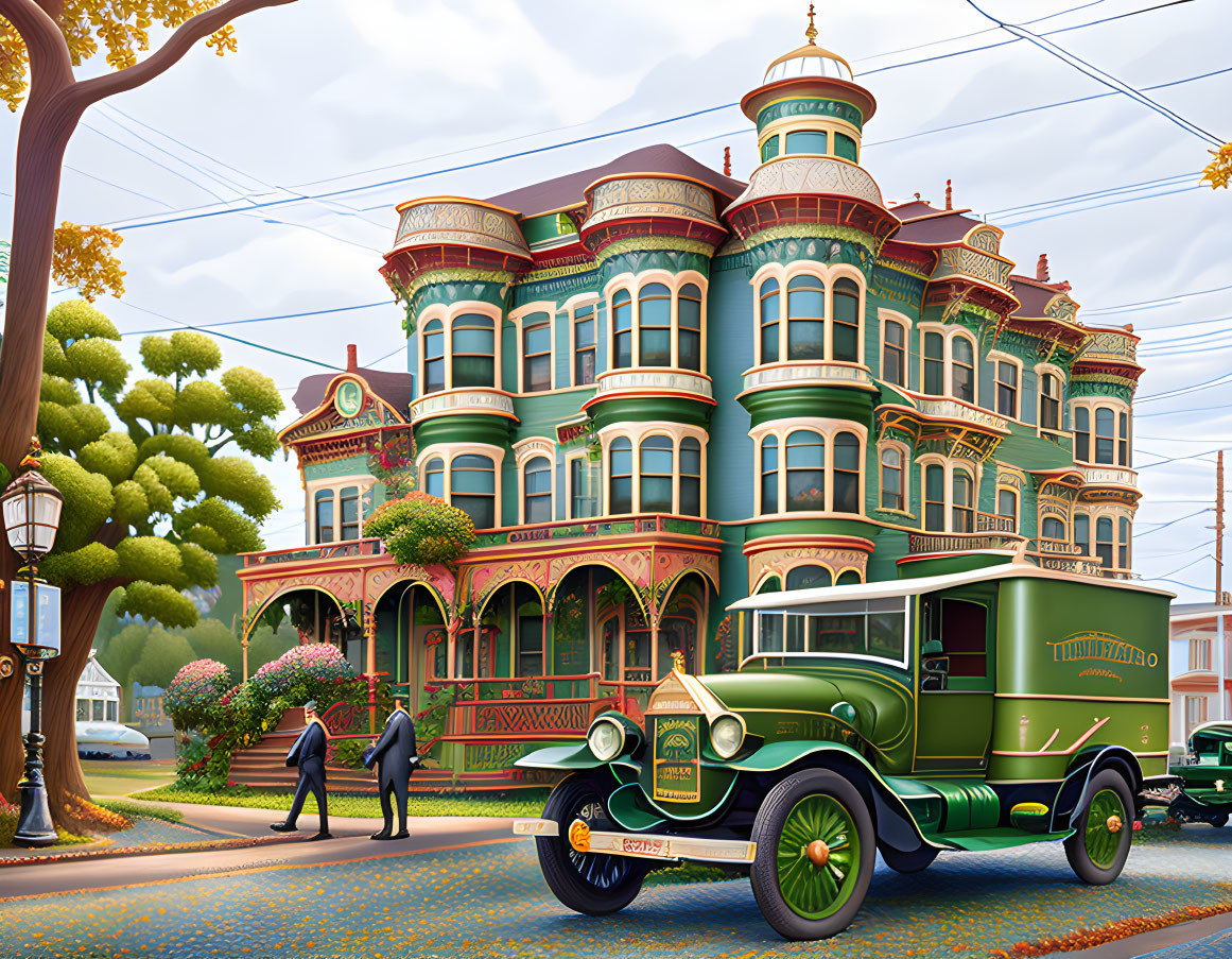 Detailed Illustration of Vibrant Victorian Mansion with Elaborate Terraces
