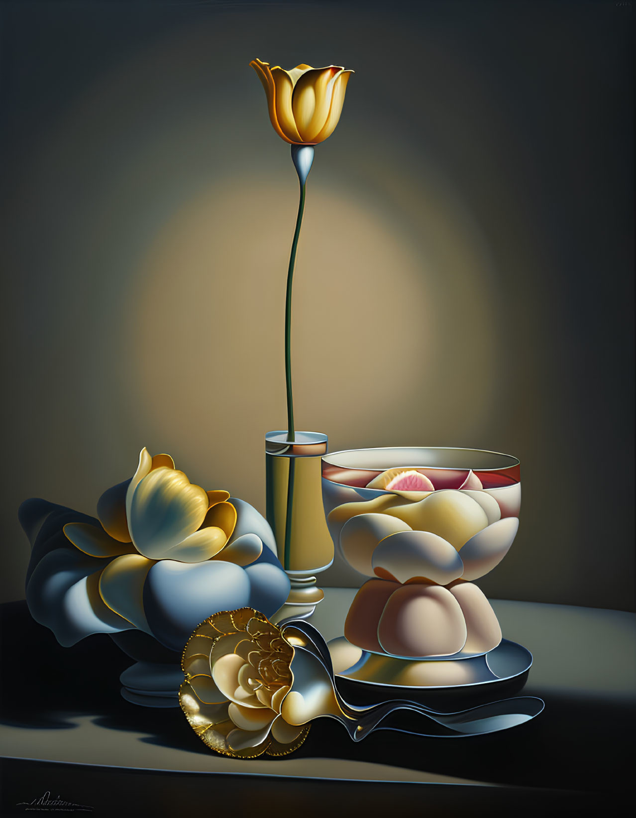 Yellow tulip in tall glass vase with candies and plates.