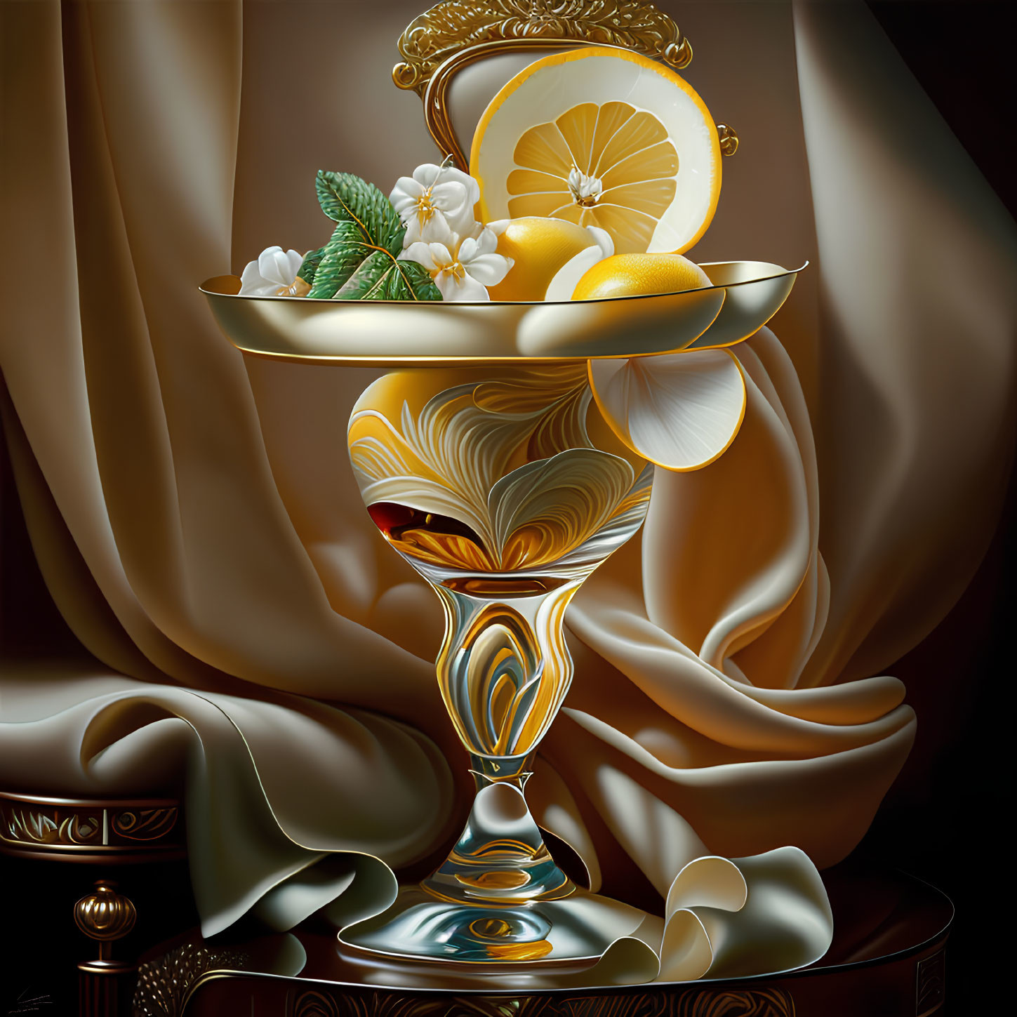 Golden pedestal bowl with lemons and white flowers on glossy surface