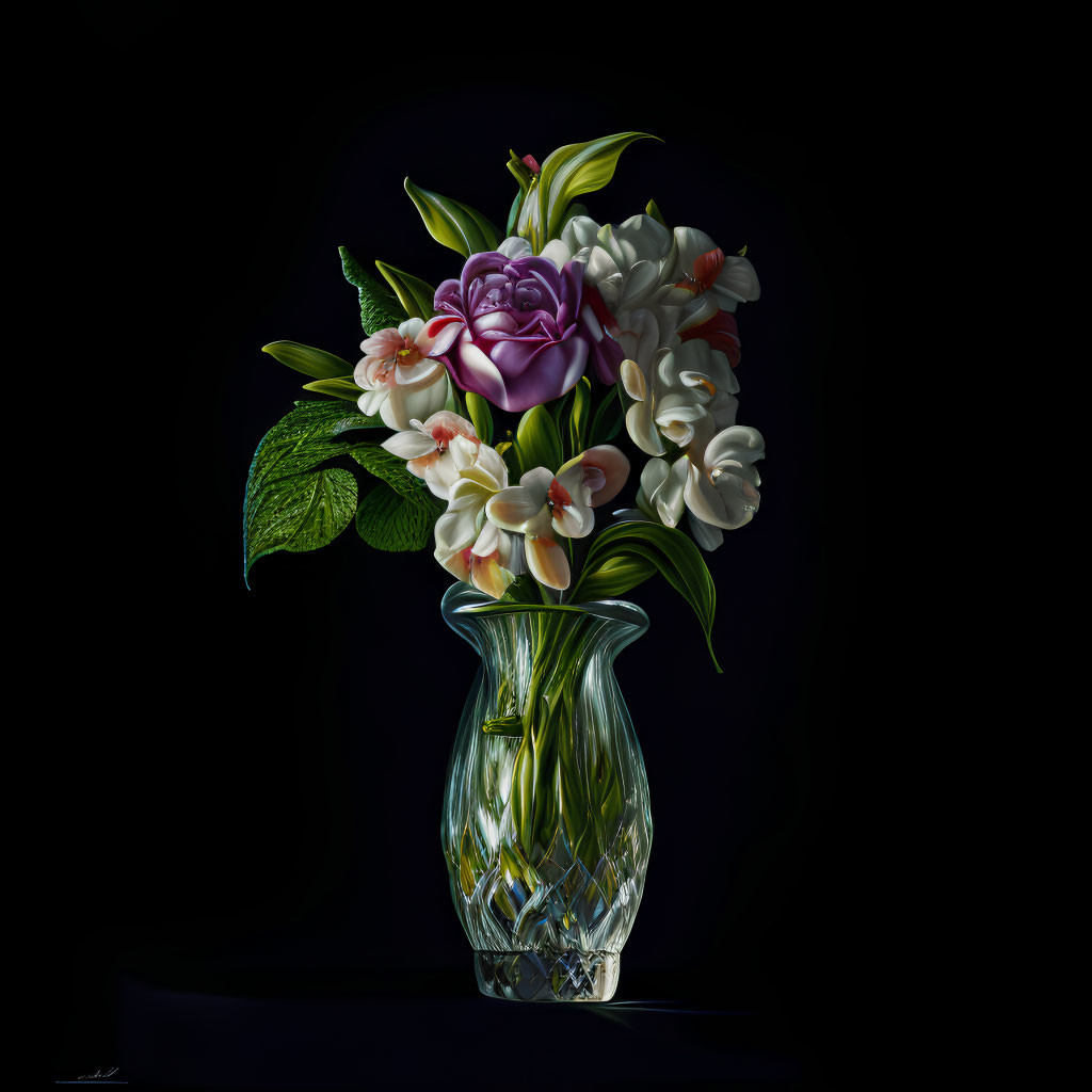 Colorful Flower Bouquet in Crystal Vase on Dark Background