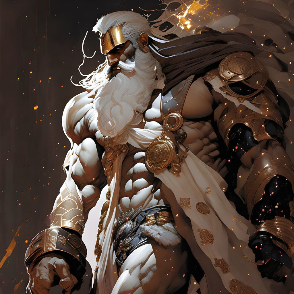 Muscular warrior in golden armor with white hair and cape.