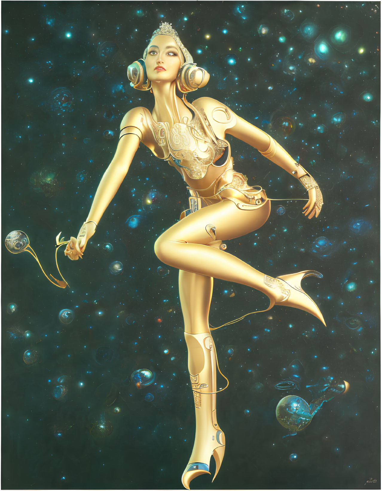 Futuristic female humanoid in gold and white space suit among colorful cosmic bodies