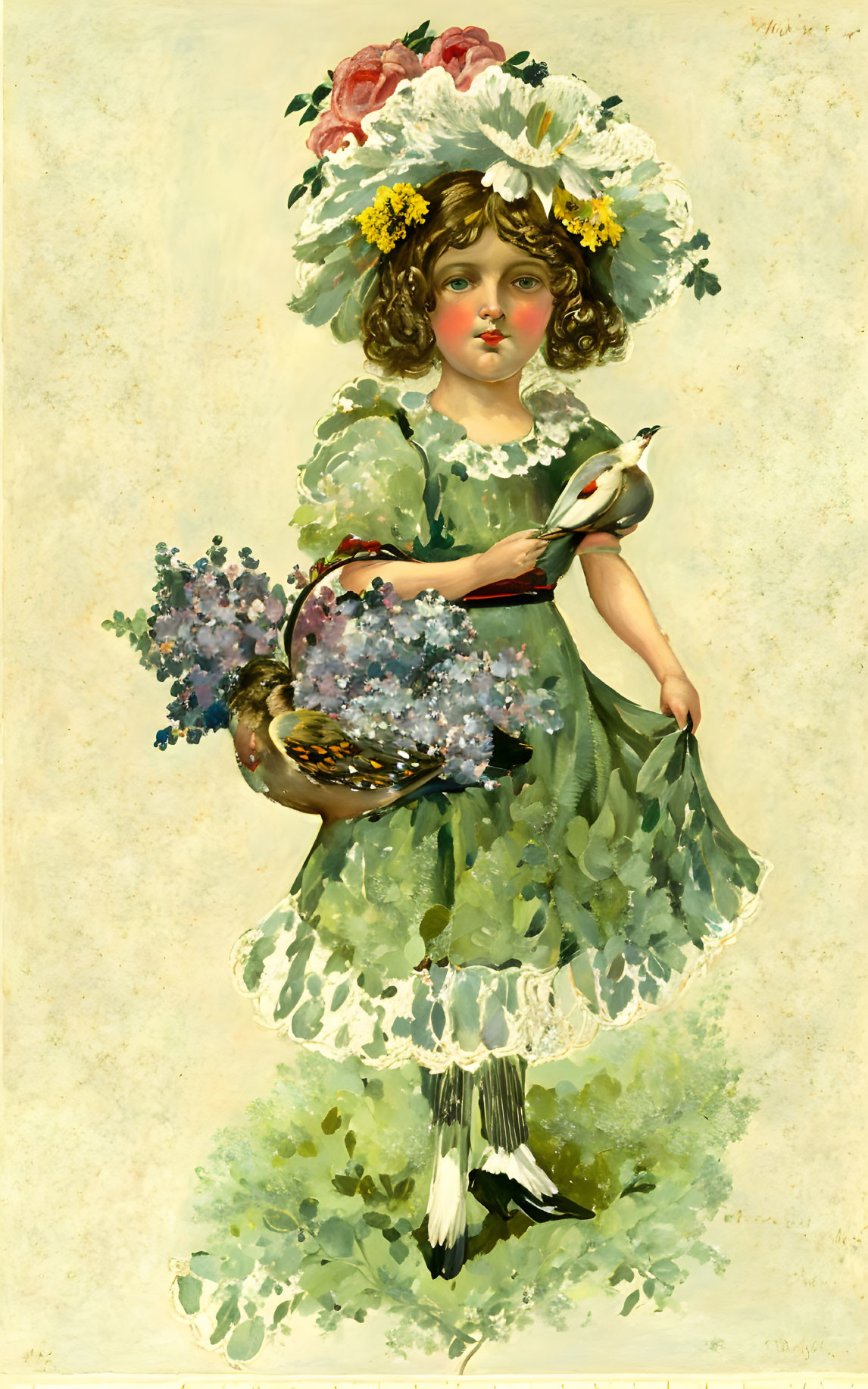 Vintage Illustration: Young Girl in Green Dress with Flower Basket