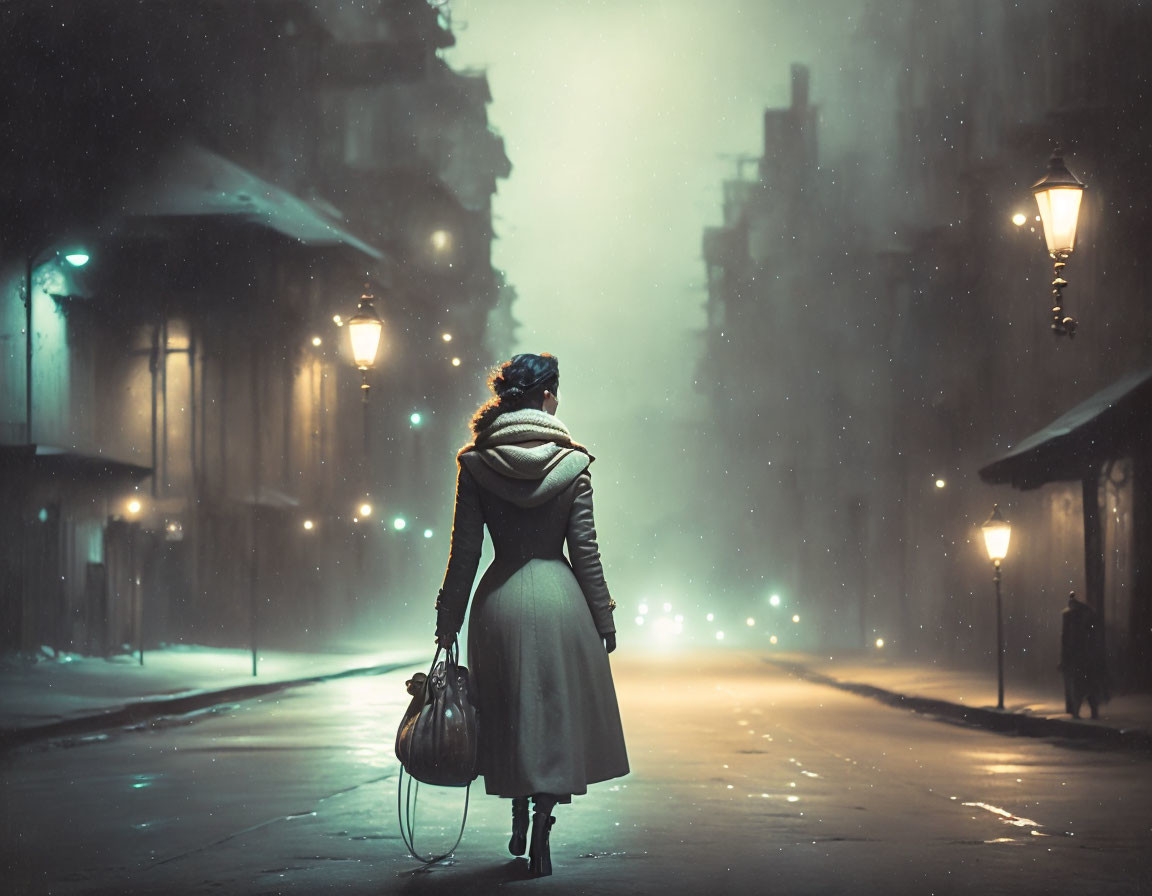 Woman in winter coat and scarf on foggy night street with bag